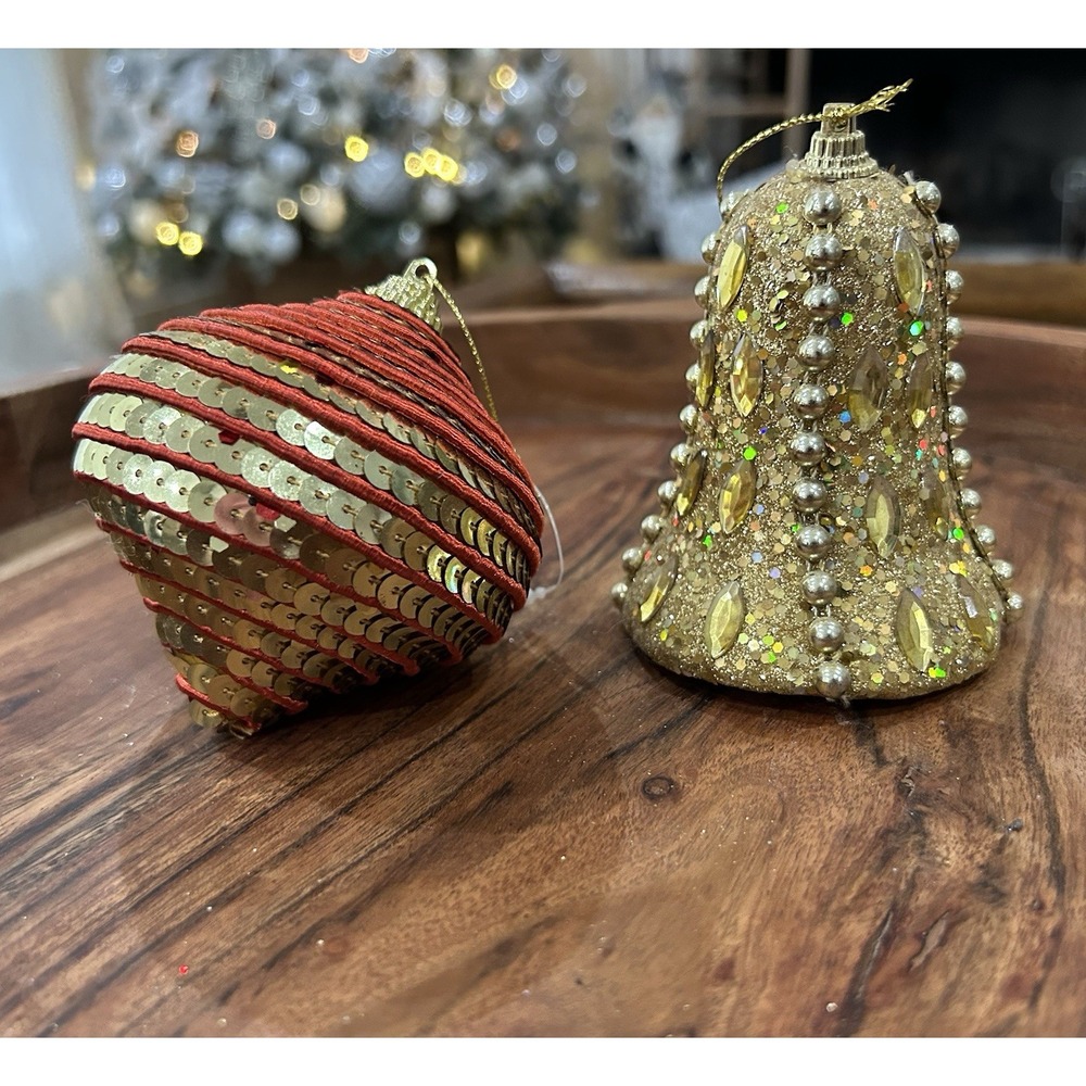 Set Of 2 Large Vintage Christmas Ornaments Gold Glitter Sequin Retro Estate Find
